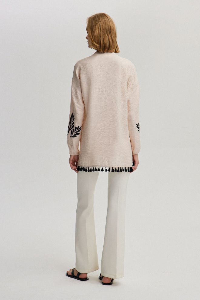 Touche Prive Beige Blouse With Long Sleeves And Grandad Neck Wholesale Clothing Casual