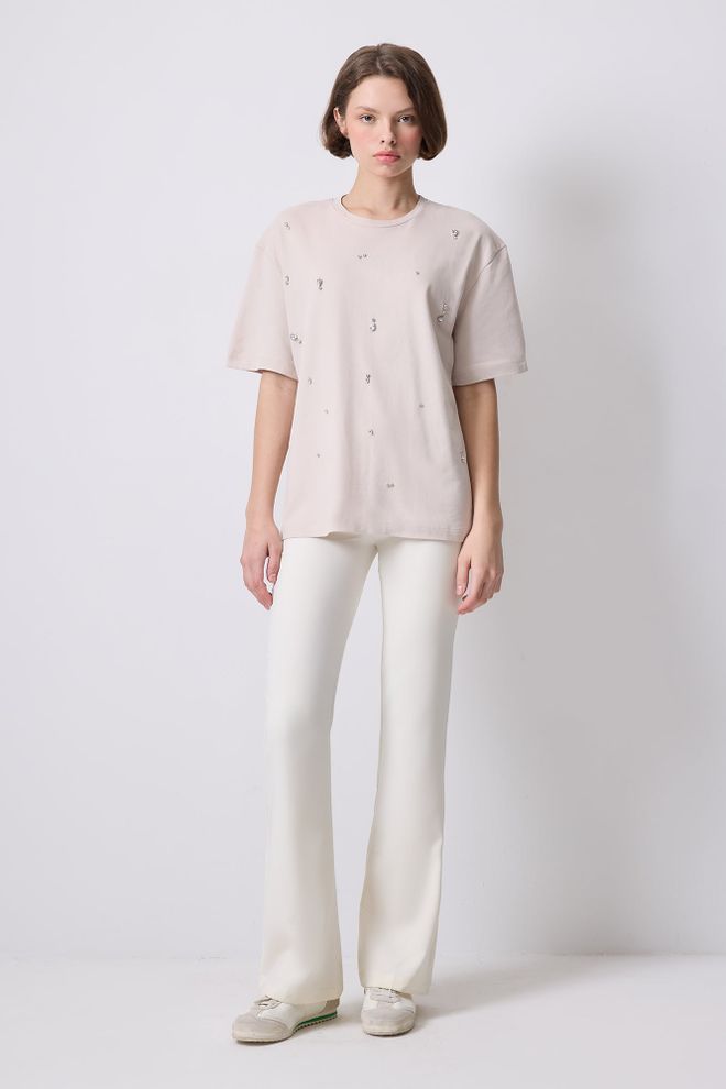 Touche Prive Bej Gündelik Işıltılı Bol Kalıp Gömlek Lastikli Toptan Giyim Gündelik