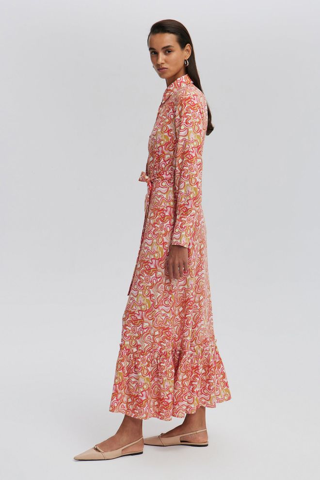 Touche Prive Red Maxi Shirt Dress With Polo Neck And Long Sleeves Wholesale Clothing Casual