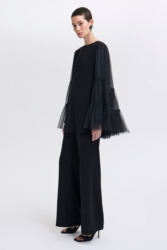 Touche Prive Conjunto Negro Elegante Con Pantalones Palazzo Y Mangas Campana Ropa al por mayor Casual