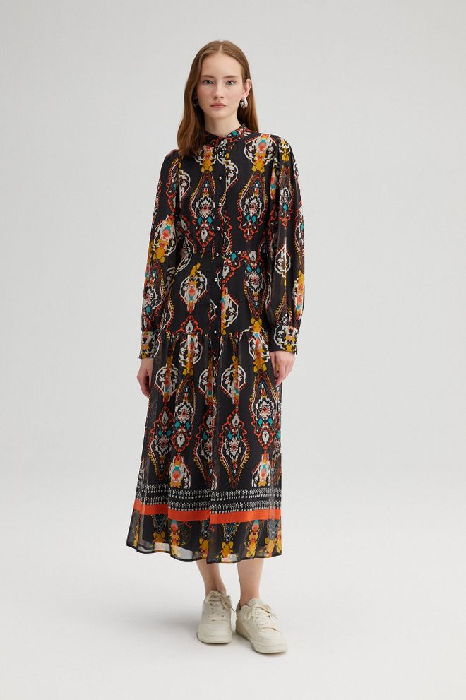 Touche Prive Black Ethnic Midi Shirt Dress With Grandad Neck Wholesale Clothing Modest