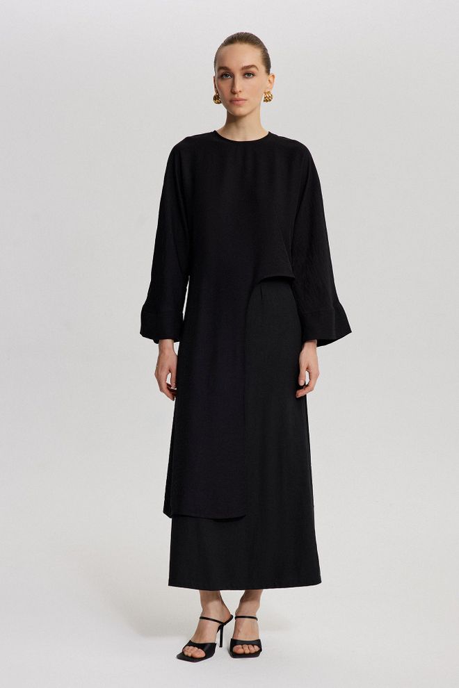 Touche Prive Črna Elegantna Tunika Z Zadrgo Oblačila na debelo Skromno