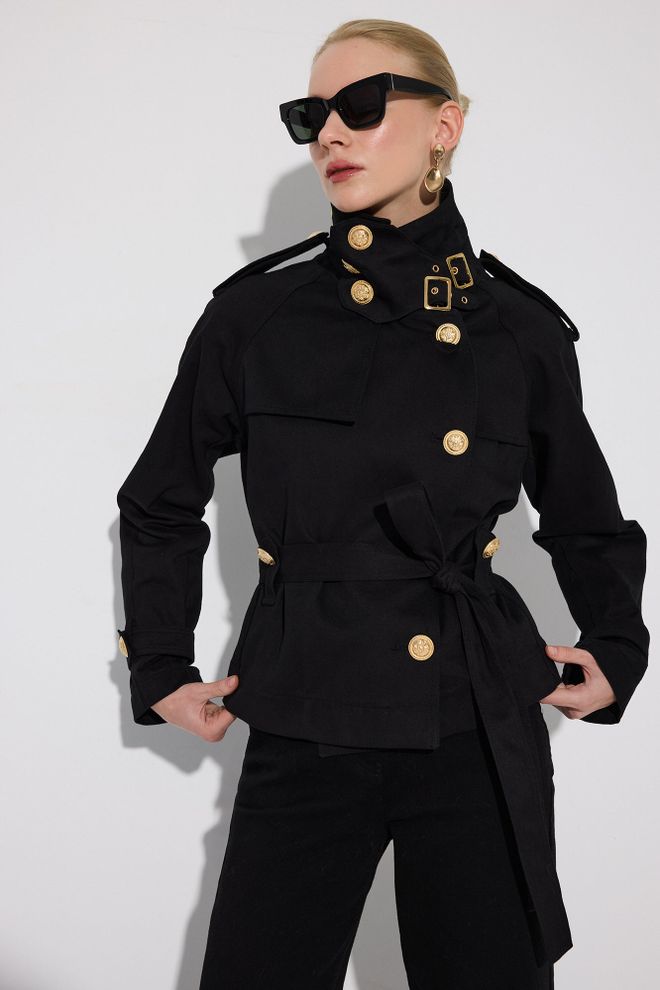 Touche Prive Siyah Trençkot Zarif Resmi Nostaljik Işıltılı Toptan Giyim Nostaljik