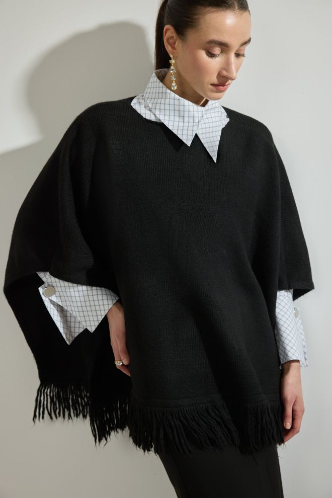 Touche Prive Черно Елегантен Пончо С Изрязана Яка Дрехи на едро Свободно време