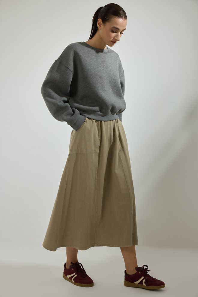 Touche Prive Хаки Расклешённая Миди Юбка С Высокой Талией Шнурком И Наклонным Карманом Оптовая продажа одежды Скромный