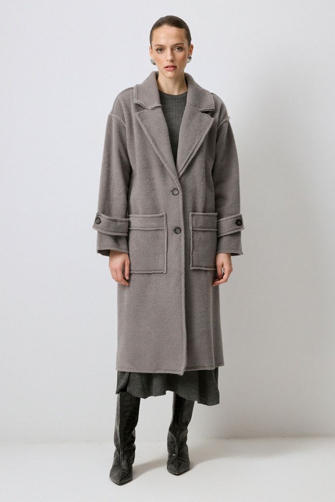 Touche Prive Manteau Gris Long Oversize Simple Boutonnière Vêtements en gros Modeste