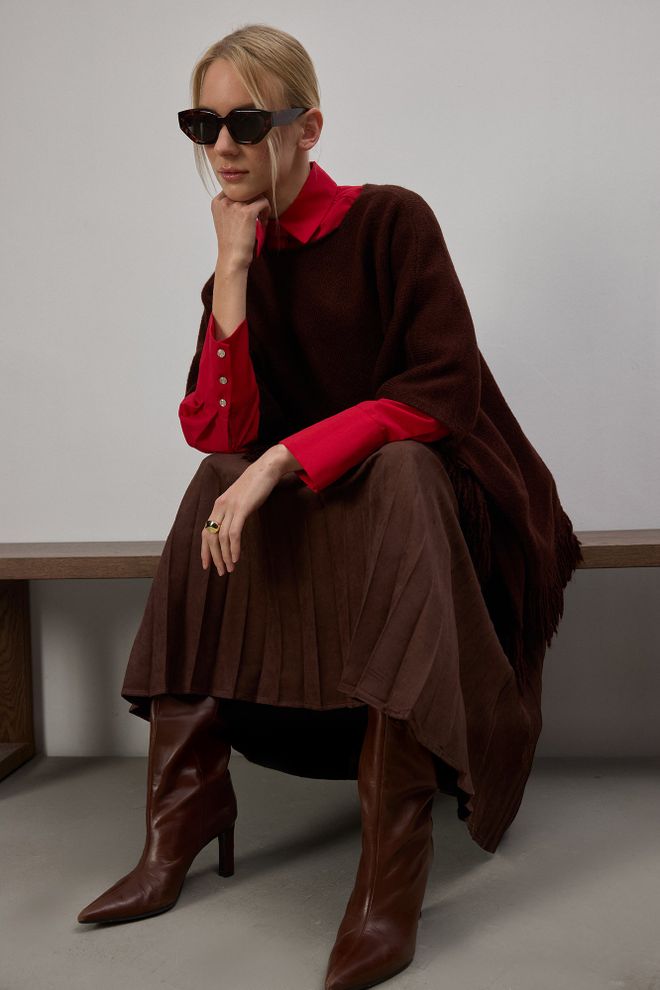 Touche Prive Кафяв Елегантен Оувърсайз Пончо За Есен И Зима Дрехи на едро Есен