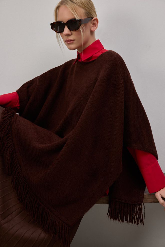 Touche Prive Кафяв Елегантен Оувърсайз Пончо За Есен И Зима Дрехи на едро Свободно време