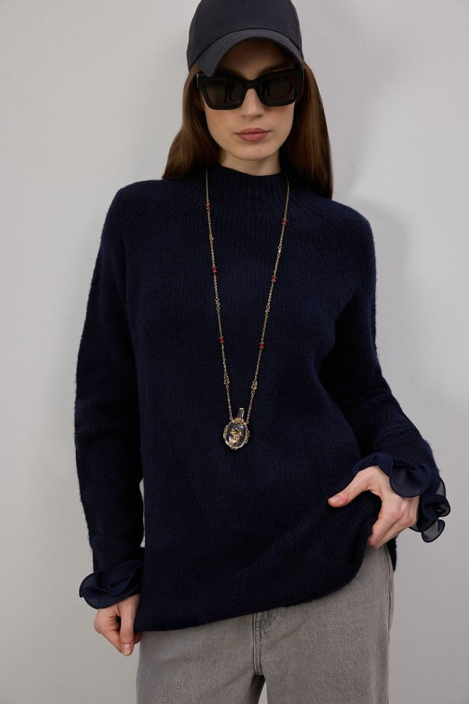 Touche Prive Пуловер Морскосиньо С Висока Яка За Есен И Зима Дрехи на едро Небрежен