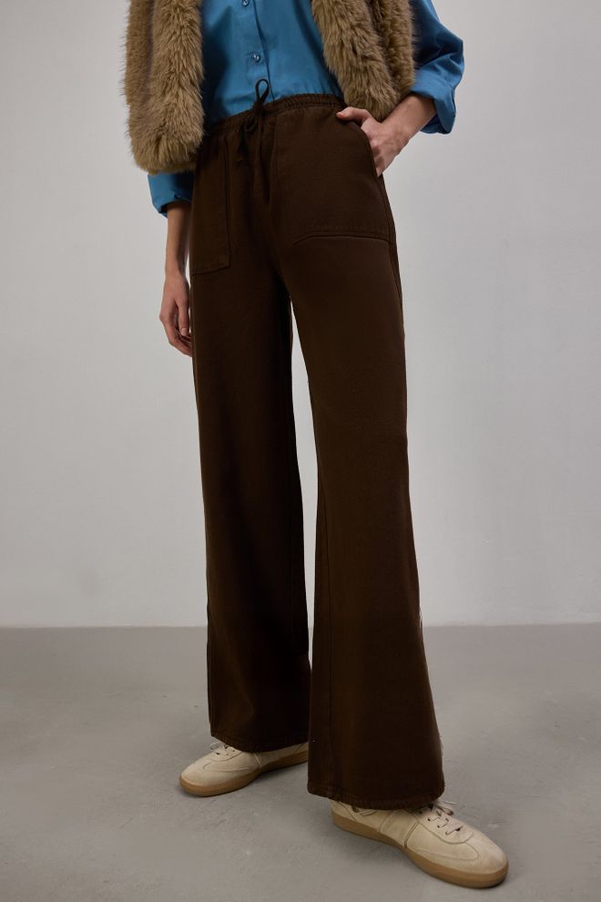 Touche Prive Brown Palazzo Pants With Wide Leg And Drawstring Wholesale Clothing Lounge