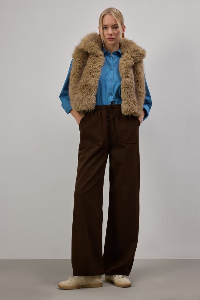 Touche Prive Rjave Palazzo Hlače S Široko Nogo In Vrvico Za Vlečenje Oblačila na debelo Ležerno