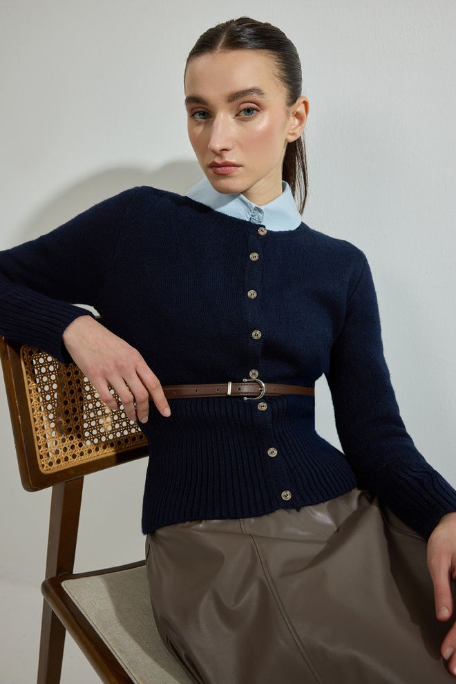 Touche Prive Lacivert Hırka – Kolej Zarif Düz Düğmeli Toptan Giyim Tesettür