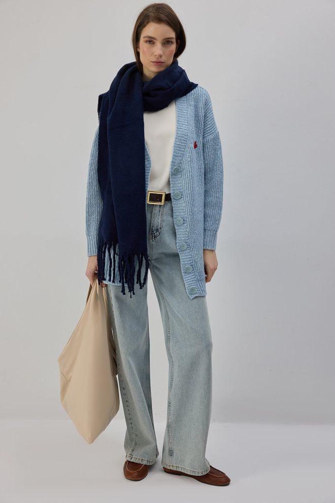 Touche Prive Modrý Kardigán Neformálny Preppy Dlhý V výstrih Na Jeseň Veľkoobchod s oblečením Skromný