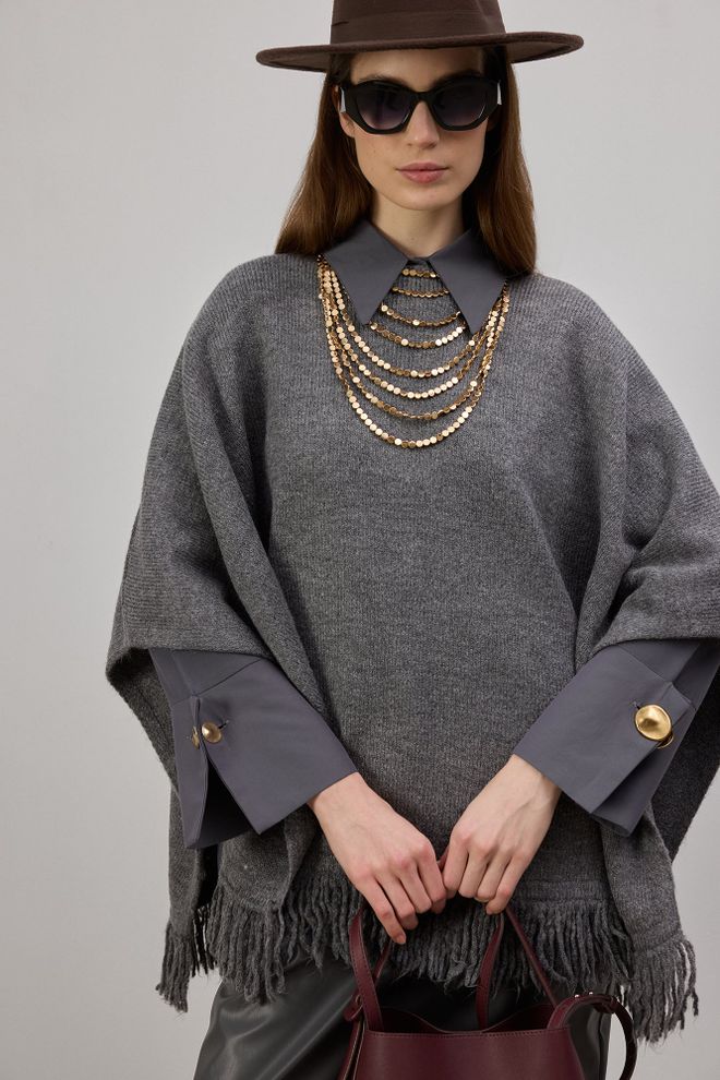 Touche Prive Сиво Елегантен Пончо С Прав Ръкав И Кръгло Деколте Дрехи на едро Свободно време