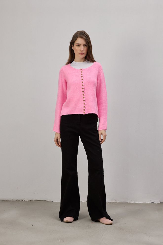 Touche Prive Pink Casual Buttoned Cardigan With Round Neck Wholesale Clothing 1