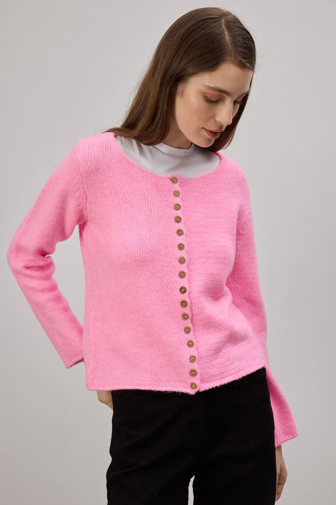 Touche Prive Pink Casual Buttoned Cardigan With Round Neck Wholesale Clothing Lounge