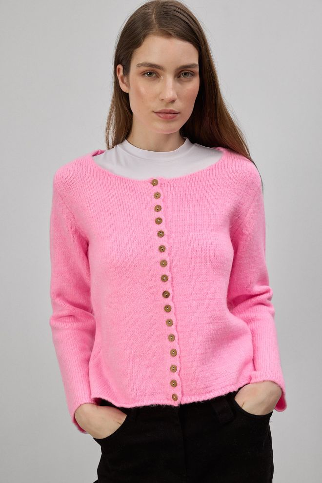Touche Prive Pembe Gündelik Düğmeli Yuvarlak Yakalı Hırka Toptan Giyim Gündelik