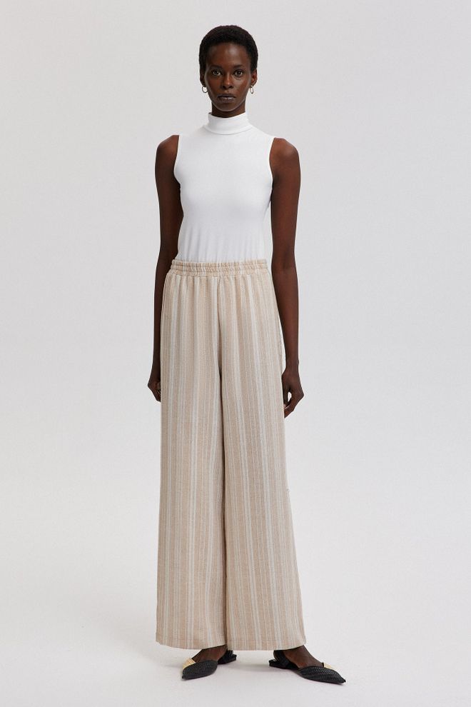 Touche Prive Bež Palazzo Hlače Široka Noga Črtasto Dolge Vlecite Srednji Pas Oblačila na debelo Ležerno