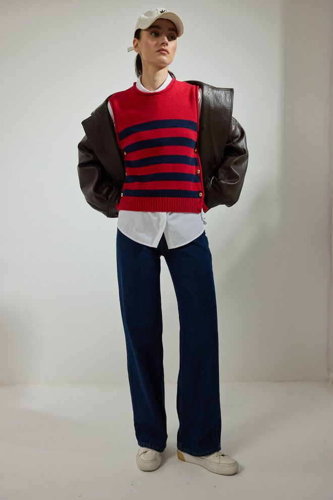 Touche Prive Vestă Roșie Casual Cu Dungi Și Nasturi Îmbrăcăminte cu ridicata Casual