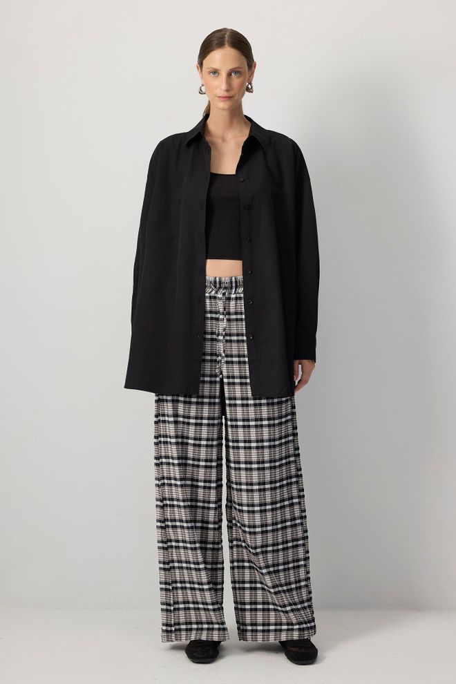 Touche Prive Czarne Kratowane Spodnie Palazzo Hurtowa sprzedaż odzieży Casual