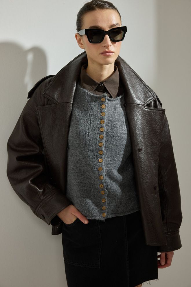 Touche Prive Casaco De Malha Cinzento Com Botões Roupas por atacado Casual