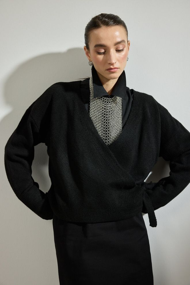 Touche Prive Casaco De Malha Preto Elegante Com Decote Em V E Laço Roupas por atacado Modesto