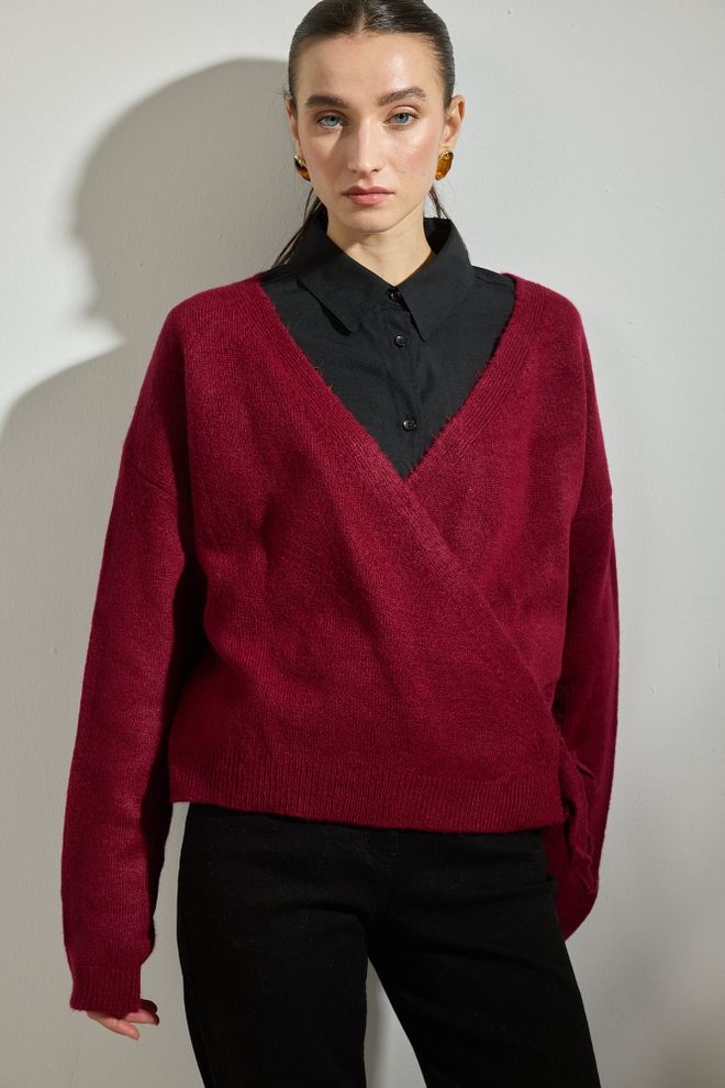 Touche Prive Bordo Hırka Bol Kalıp V Yaka Bağlamalı Kapatma Toptan Giyim Gündelik