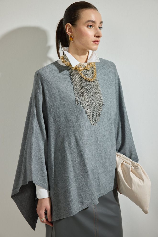 Touche Prive Gris Elegante Sobredimensionado Poncho Formal Ropa al por mayor Modesto