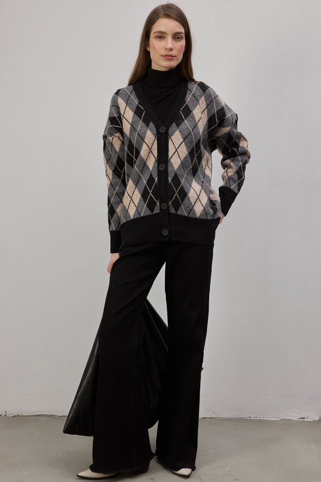 Touche Prive Casaco De Malha Preto Argyle Oversized Com Decote Em V Roupas por atacado Casual