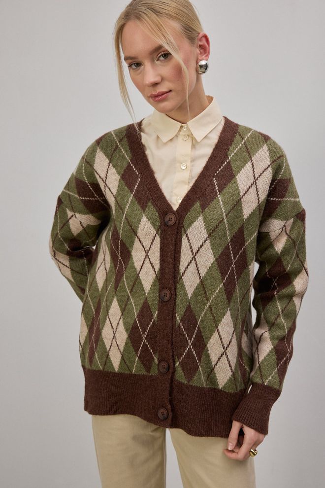 Touche Prive Casaco De Malha Castanho Argyle Oversized Com Botões Roupas por atacado Casual