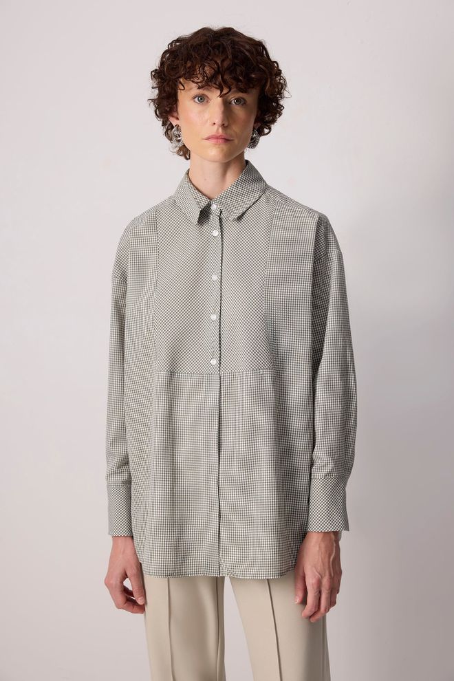 Touche Prive Tunique Gris À Carreaux À Col Polo Oversize Boutonnée Vêtements en gros Décontracté