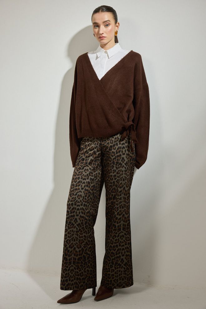 Touche Prive Brown Cardigan With V Neck Tie Closure Wholesale Clothing 1