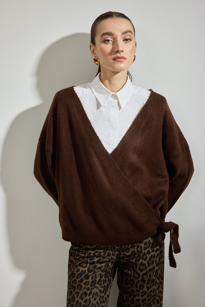 Touche Prive Brown Cardigan With V Neck Tie Closure Wholesale Clothing Work