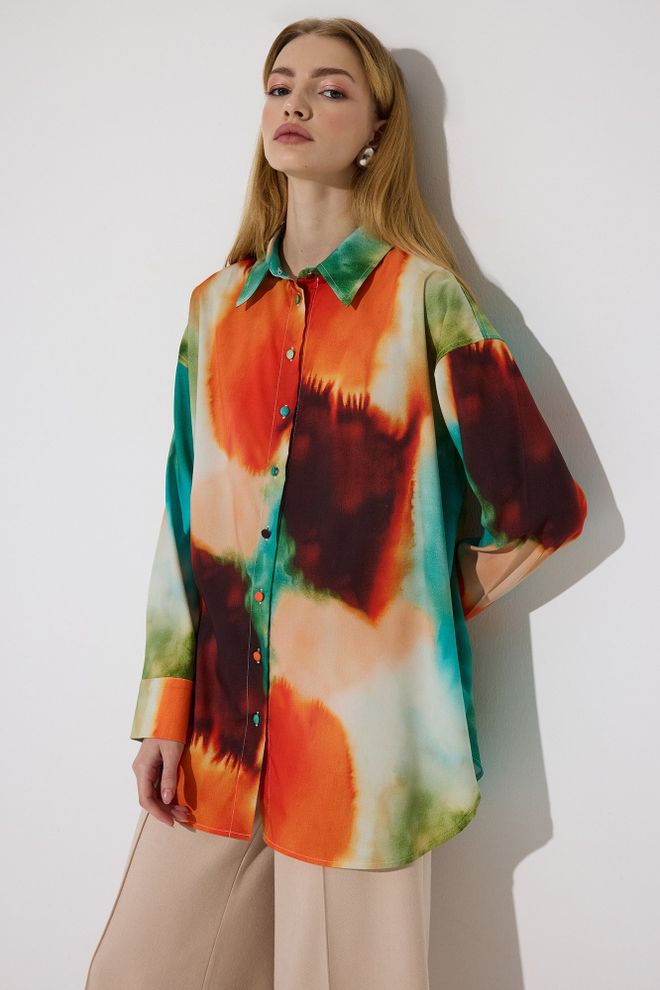 Touche Prive Mix Color Shirt Oversized Tie Dye Polo Neck Long Sleeve Wholesale Clothing Spring