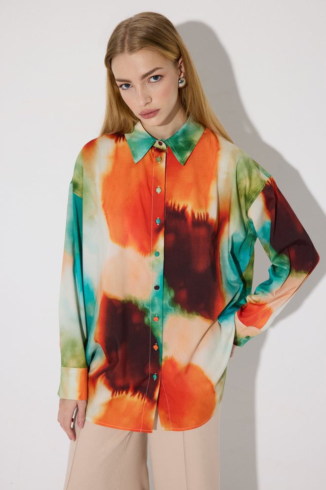 Touche Prive Mix Color Shirt Oversized Tie Dye Polo Neck Long Sleeve Wholesale Clothing 1