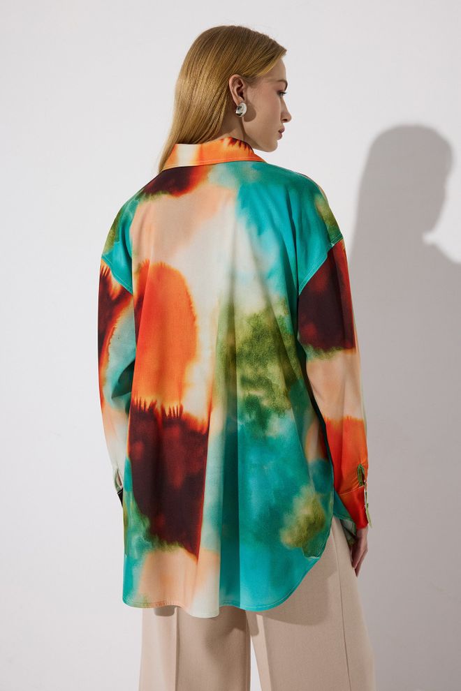 Touche Prive Mix Color Shirt Oversized Tie Dye Polo Neck Long Sleeve Wholesale Clothing Boho