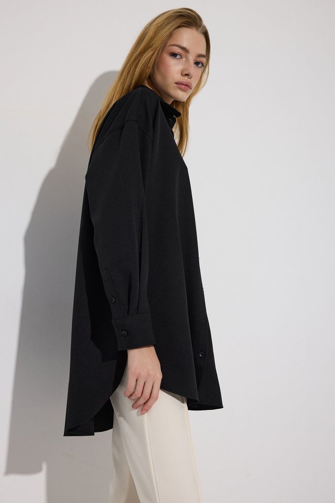 Touche Prive Black Oversized Fit Polo Neck Shirt Wholesale Clothing Spring