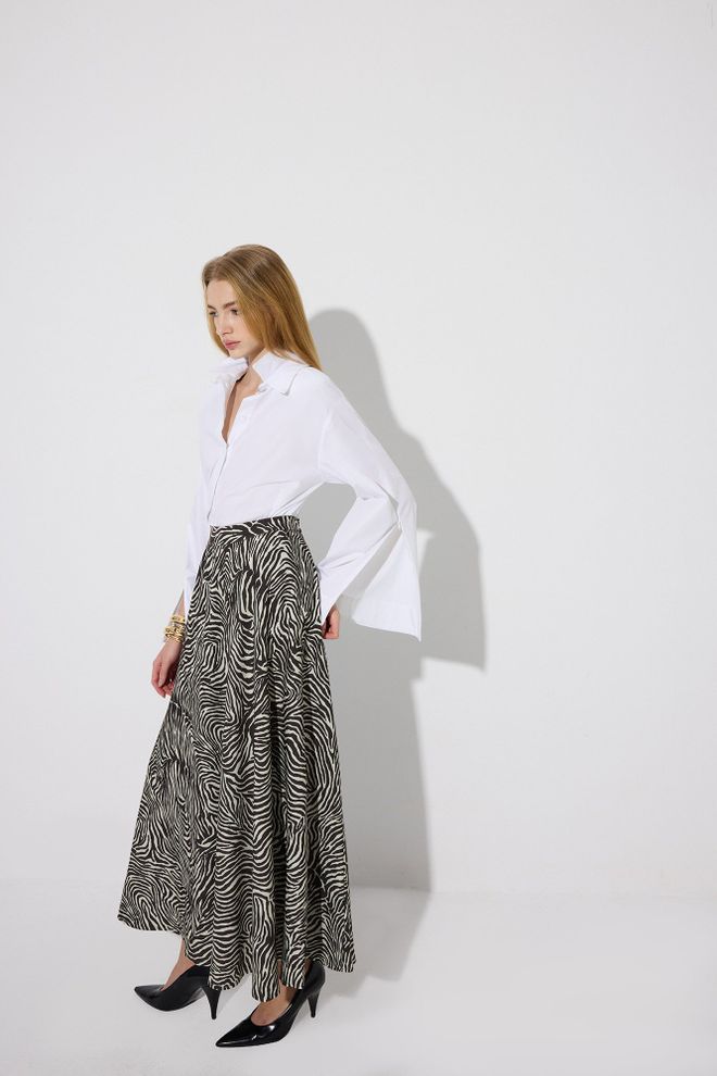 Touche Prive Black Zebra Print Flared Maxi High Waist Skirt Wholesale Clothing Spring