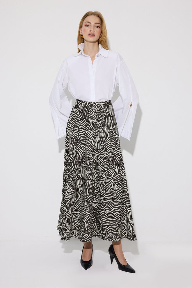 Touche Prive Black Zebra Print Flared Maxi High Waist Skirt Wholesale Clothing Work