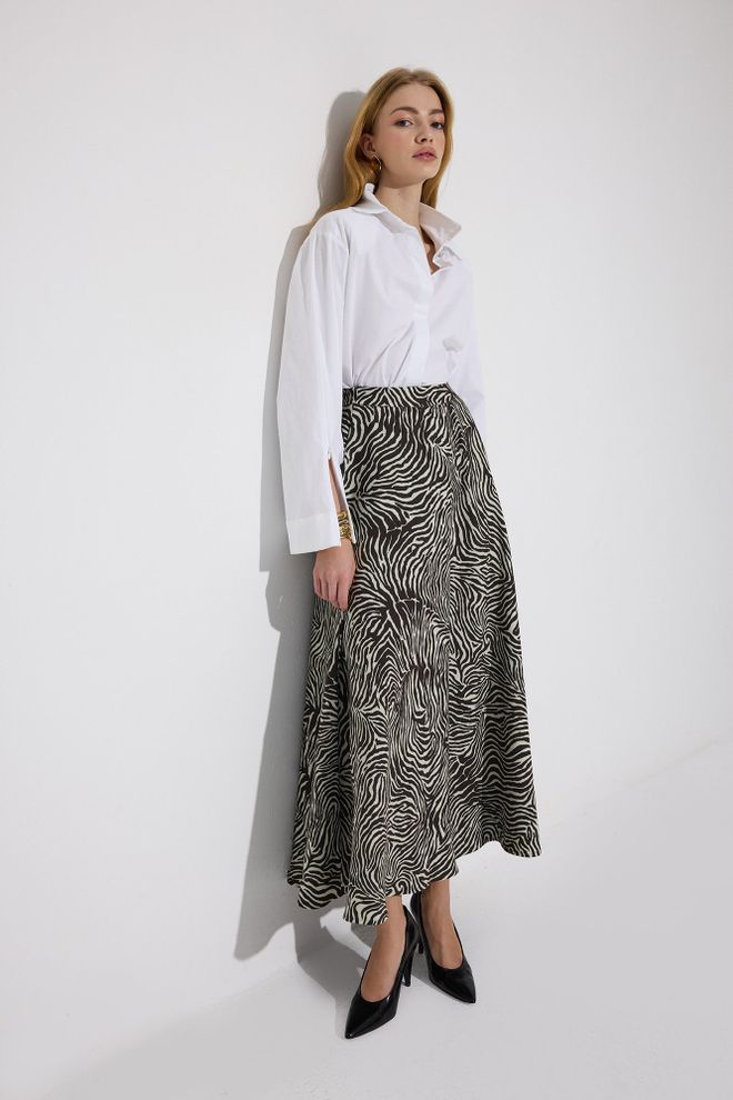 Touche Prive Black Zebra Print Flared Maxi High Waist Skirt Wholesale Clothing Elegant