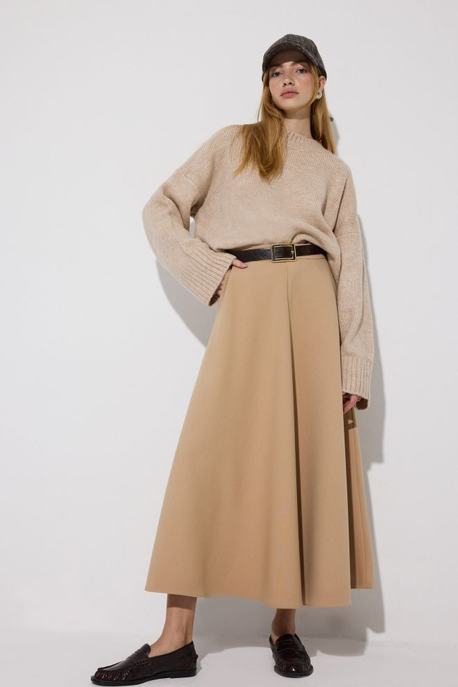 Touche Prive Beige A Line Maxi Skirt With High Waist Wholesale Clothing Modest