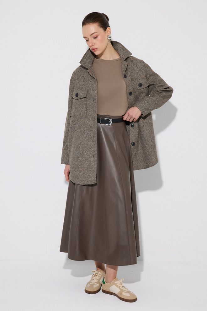 Touche Prive قميص بني متعرج بأزرار برقبة مستديرة ملابس بالجملة غير رسمي