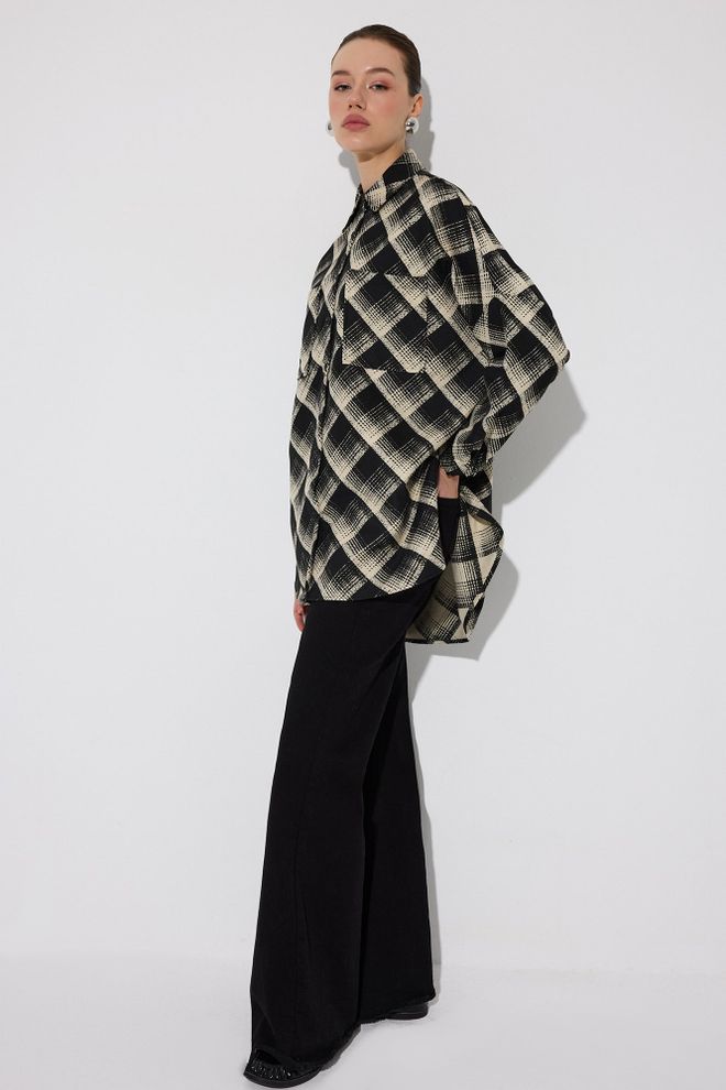 Touche Prive Cămașă Neagră Carouri Oversized Cu Guler Polo Îmbrăcăminte cu ridicata Casual