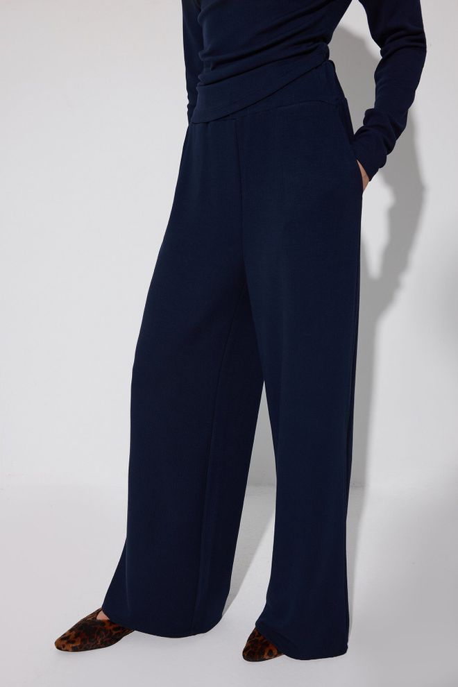 Touche Prive Conjunto Azul marinho Com Calças Palazzo E Decote Entalhado Roupas por atacado Casual