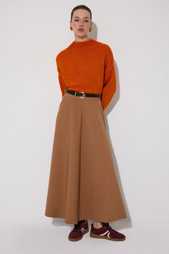 Touche Prive Brown High Waist Flared Maxi Skirt Wholesale Clothing Modest