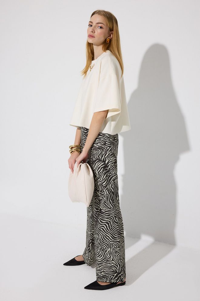 Touche Prive Pantaloni Neri Stampa Zebrata Gamba Svasata Vita Alta Bootcut Abbigliamento all'ingrosso Casuale