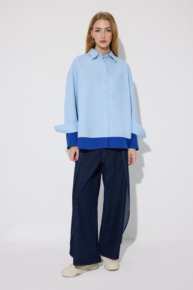 Touche Prive Chemise Bleue Décontractée Oversize À Col Polo Boutonnée Vêtements en gros Décontracté
