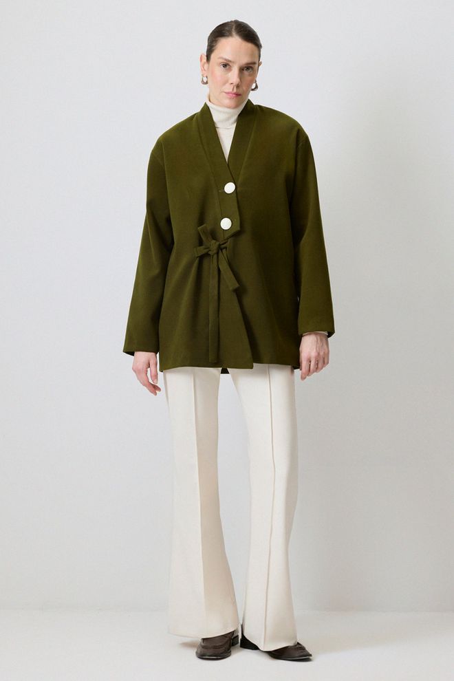 Touche Prive Green Wrapover Jacket With Elegant V Neck Collar Wholesale Clothing Modest
