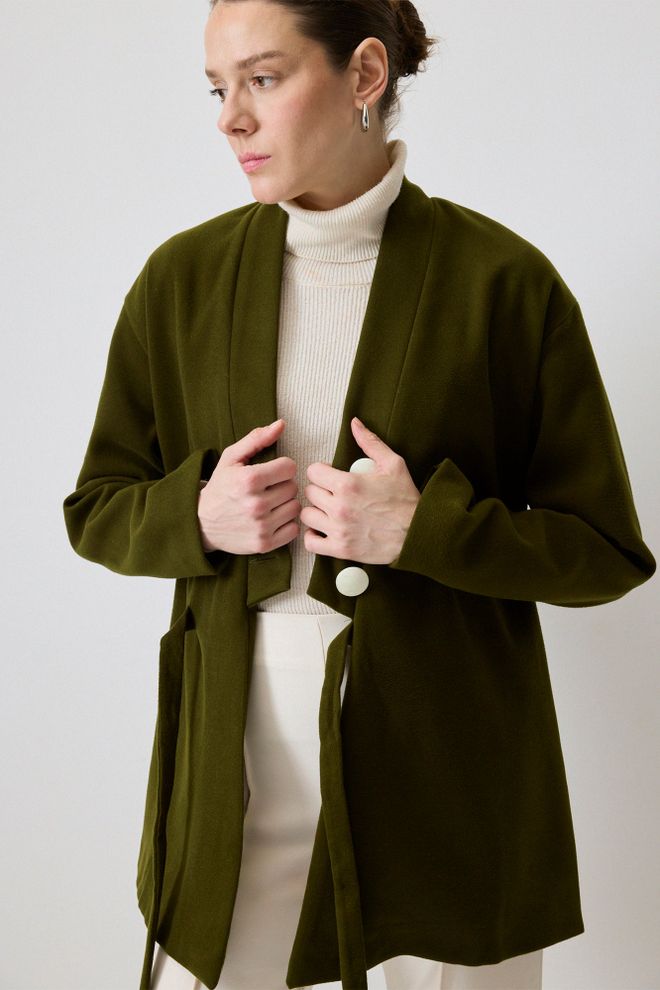 Touche Prive Green Wrapover Jacket With Elegant V Neck Collar Wholesale Clothing Work