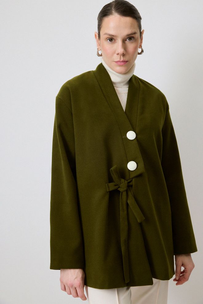 Touche Prive Green Wrapover Jacket With Elegant V Neck Collar Wholesale Clothing 1